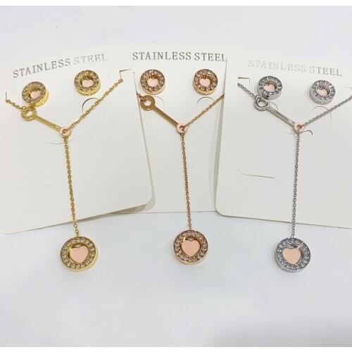 Stainless steel set silver gold rose colour classic fashion exclusive blue pink enamel heart charm ladies necklace earrings