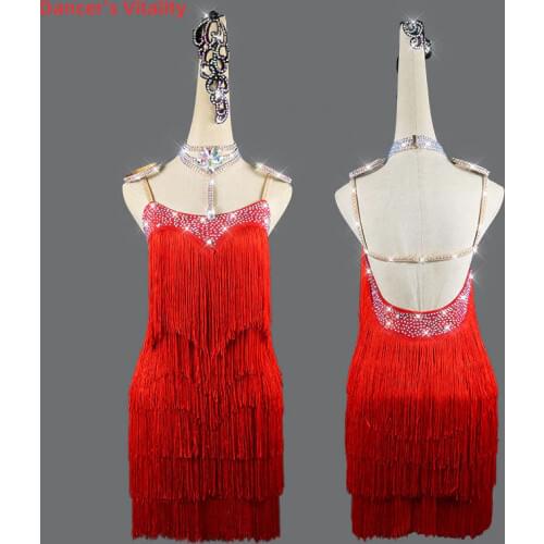 Latin Dance Dress Sling Tassel Long Skirt Performance Clothes Profession Custom Adult Child Diamond-Studded Competition Clothing