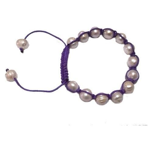 7.5 inches Purple Thread Adjustable Braided 9-10mm Natural White Pearl Bracelets