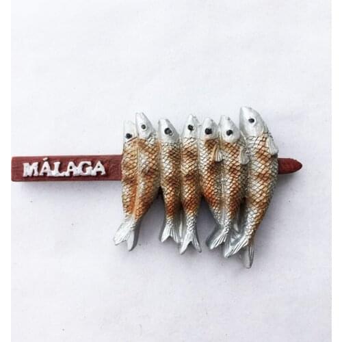 QIQIPP Local snacks grilled fish skewers in Malaga, Spain. Tourist souvenirs. Magnetic refrigerator stickers