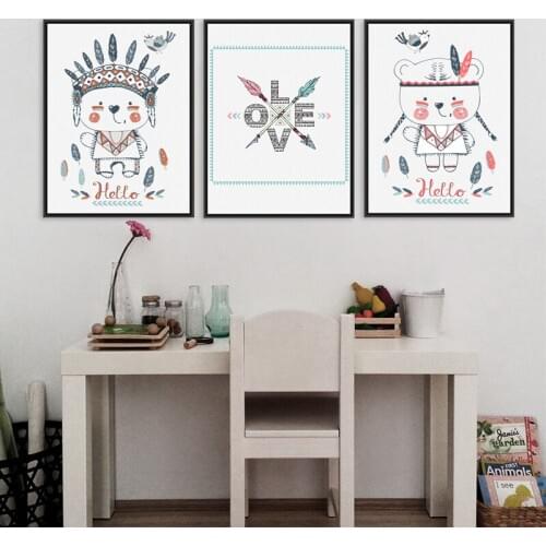 Hand Drawn Portrait Of Cute Indian Bear Boy And Girl Art Print Poster , Cartoon Aborigin Poster Canvas Painting Home Decoration