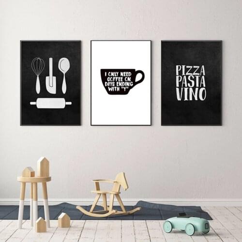 Nordic Black White Kitchenware Posters Print Pizza Pasta Vino Canvas Painting Wall Art Pictures For Restaurant Coffee Room Decor