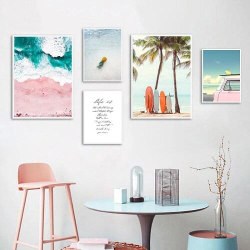 Nordic Minimalist Seascape Beach Pink Bus Print Poster Canvas Painting Wall Art Home Decoration For Living Room Bedroom Frameles