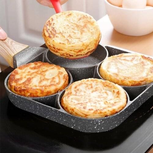 Four-hole Frying Pot Wooden Handle Steak Ham Pancake Takoyaki Thickened Omelet Pan Non Stick Pan Kitchen Cooking Pancake Maker