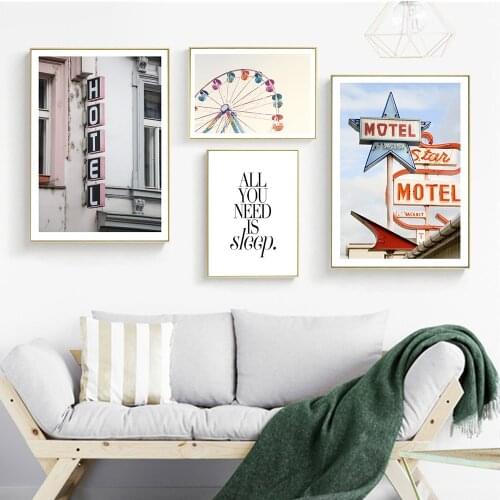 Motel Hotel Slogan Canvas Painting Multicolored Ferris Wheel Wall Art Picture All You Need Is Sleep Posters Room Hotel Decor