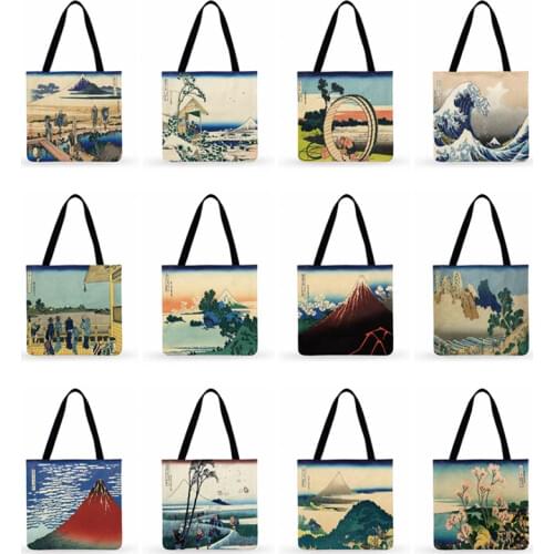 Fuji Thirty-six Scenery Print Tote Bag Japanese Ukiyo-e Shoulder Bag Women Casual Tote Foldable Shopping Bag Outdoor Beach Tote