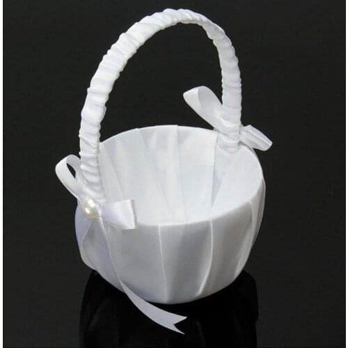 Romantic White Satin Bowknot Pearl Flower Girl Basket Wedding Party Decoration