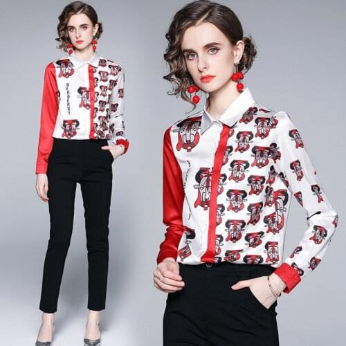 Floral Print chemise femme Half Red Half White blouse women Slim camisas de mujer Elegant Turn Down Collar Long Sleeve Shirt Top