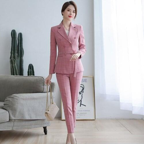 Womens suit 2019 new autumn fashion lattice double-breasted professional decoration body pants two sets of womens clothing