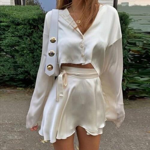 Casual Satin Two Piece Dress Set For Women White O-neck Button Top Bandage Mini Pencil Skirts Outfits Fashion Party Suit