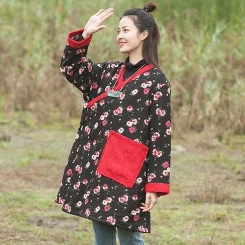 Women Winter Retro Loose Cotton Linen Padded Coat Parkas Ladies Vintage Loose Outerwear Female 2020 Padded Overcoat Topcoat