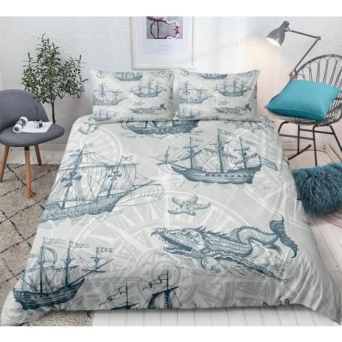 Compass 2/3pc Duvet Cover Set Queen Sailboat Bedding Set Ocean Quilt Cover 100% Microfiber Bedspreads Nautical Decor Bed Line