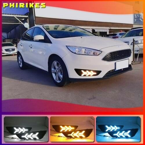 2PCS LED Daytime Running Light For Ford Focus 3 MK3 2015 2016 2017 2018 Yellow Turn Signal Function Waterproof 12V Car DRL Lamp