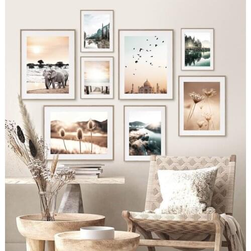 Mountain Lake Highland Cow Elephant Reeds Nordic Posters And Prints Wall Art Canvas Painting Wall Pictures For Living Room Decor