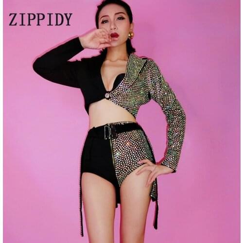 Sparkly AB Rhinestones Blazer Short Skirt 2-Piece Clothing Set Dj Female Singer Nightclub Dance Stones Black Jacket Costume