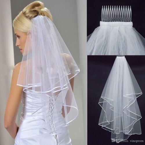 New Arrival Wedding Accessories Two Layer Ribbon Edge White Ivory Wedding Veils Bridal Veil