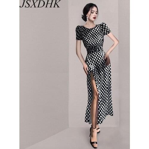 JSXDHK Elegant Summer Ladies Wave Point Dress 2021 New Women Short Puff Sleeve Chiffon Dot Print Black Split Party Long Dresses