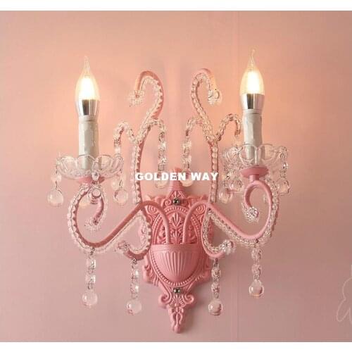 Lovely Pink Wall Lamp Double Heads E14 LED Candle Light Metal Crystal Wall Lamps Sconces European Classic Vintage Wall Lighting