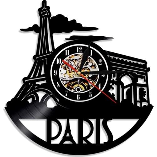 Paris Eiffel Tower Vinyl Record Wall Clock Modern Design French Paris Skyline Wall Watch Decor Time Clock France Traveler Gift