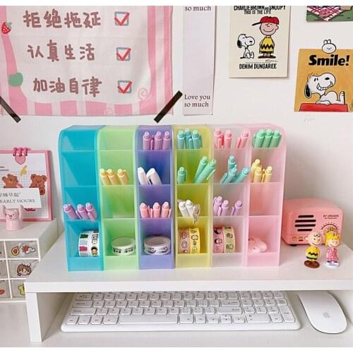 Macaroon Color 4 Gird Desktop Organizer Pen Holder Big Size Desk Makeups Pencil Storage Box School Stationery 5 * 9 * 20.3cm