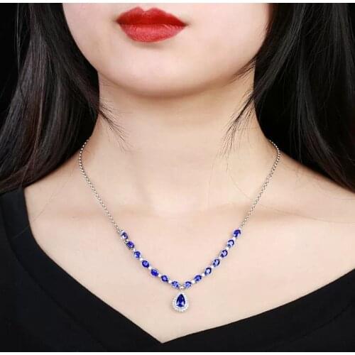 New Arrivals Luxury S925 Jewelry Inlay Oval Blue Zircon Water Drop Pendant Necklace Womens Wedding Party Dainty Unusual Choker