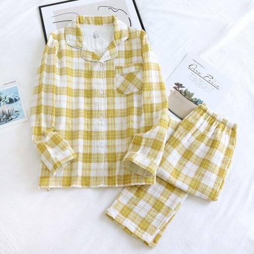 New Couple Cotton Crepe Pajamas Two-piece Spring and Autumn Mens Long-sleeved Trousers Ladies Home Service Set Simple Plaid