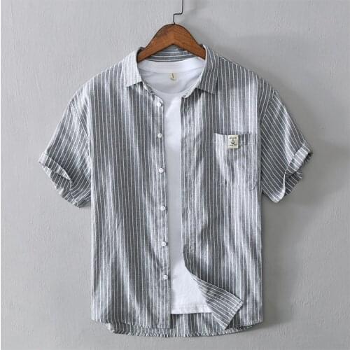 L561 Summer Mens Vertical Striped Shirts Fashion Chic All-Match Casual Premium Cotton Linen Breathable Sport Daily Short Sleeve