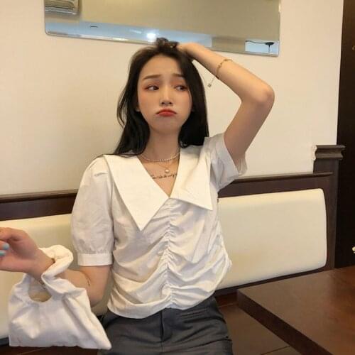 Women Puff Sleeve Short-sleeved Shirt Female Design Sense French V-neck Top Solid Color Summer Girl Shirt