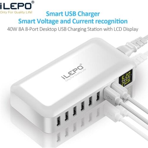 ILEPO i6 USB Charger 8-Port Quality Phone Charger with LCD Display 5V 8A For Phone Tablet Power Bank Smart Quick Charge