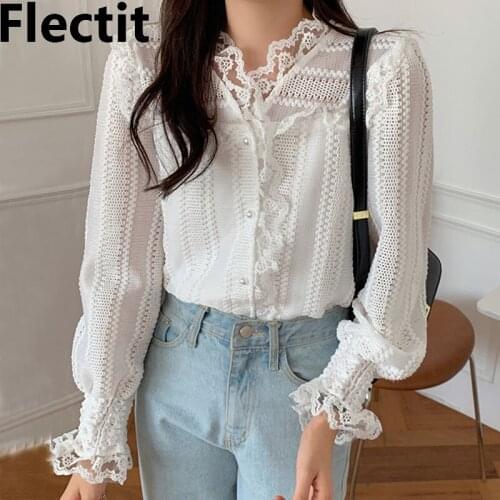 Flectit Chic Lace Blouse With Ruffled Trim Puff Sleeve V-Neck Button Front Womens Blouses & Shirts
