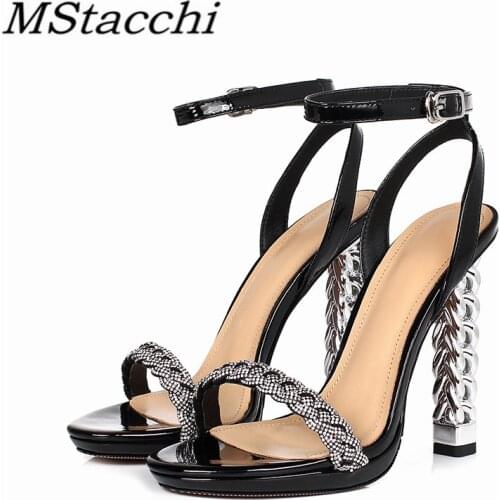 MStacchi Elegant Women Shoes Glisten Crystal Round Toe Cow Leathe Thin Heels Shoes Party New Style High Heels Sandals Femme 2021