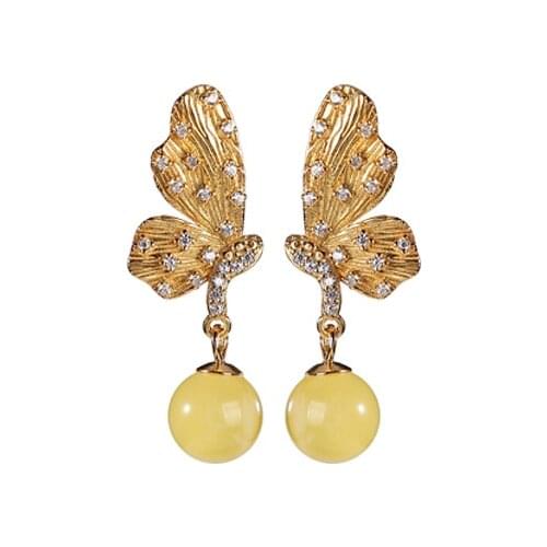 S925 sterling silver gold-plated natural amber beeswax stud earrings personality butterfly earring pendant for ladies earrings