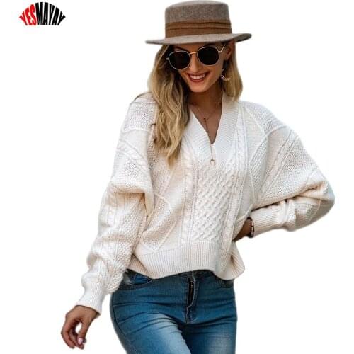 Womens Sweater 2021 Fashion V-neck Long Sleeve Top Femme White Knitted Pullovers Women Autumn Winter Casual Sweater Mujer