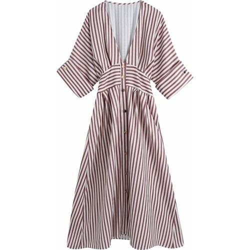 Spring and autumn womens casual striped V-neck short-sleeved bow-knot decoration dress