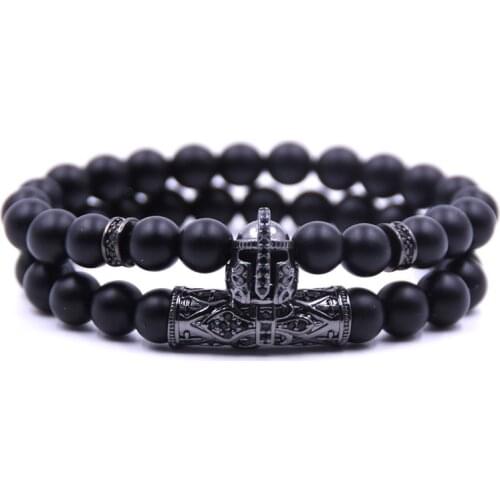 2Pcs/Set Of Spartan Helmet Bracelet Black Matte Stone Beads Beaded Mens Bracelet Mens And Womens Jewelry Pulseras Masculina