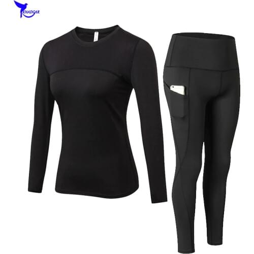 2 Pcs Long Sleeve Shirt+Pocket Leggings Sports Yoga Suit Women Gym Fitness Clothing Running Set High Waist Training Sportswear