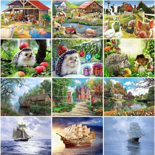 Diy Diamond Painting Big Sailboat Sailing On Calm Sea Cartoon Cute Little Hedgehog Manor Farm Livestock Cow Big Goose Poster