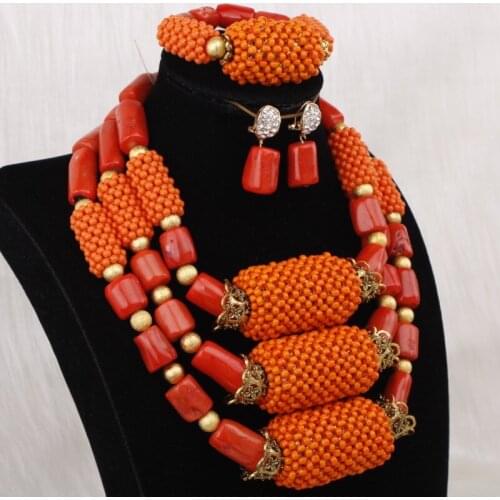 Dudo Jewelry Orange African Coral & Crystal Beaded Dubai Gold Jewellery Balls 3 Layers Women Bridal Jewelry Sets For Women 2019
