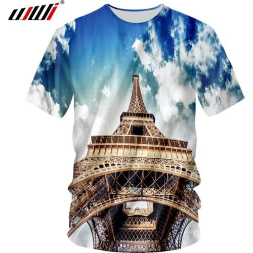 UJWI T Shirts Male O Neck Fashion 3D T-shirt Printed The Iron Tower Under The Sky Large Size Costume For Men T-shirt