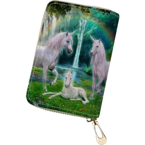 HaoYun PU Leather Business Card Holder Fantasy Horses Pattern Girls Money Purses Bag Kawaii Animal Girls Mini Cluth Card Wallets