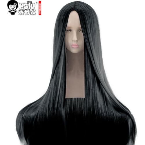 HSIU High Quality Anime Game black 100cm Long Straight Wig central parting Cosplay Wig Halloween Costume party Play Hair Wigs
