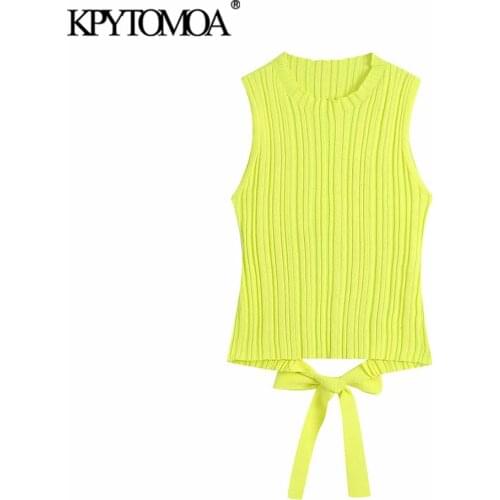 KPYTOMOA Women 2021 Fashion Backless With Bow Tied Crop Ribbed Knit Tank Tops Vintage O Neck Sleeveless Female Camis Mujer