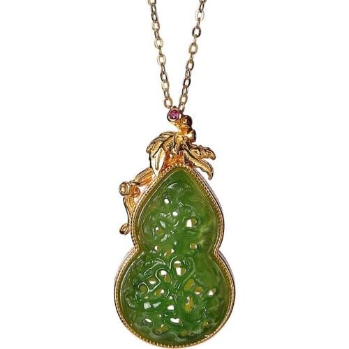 S925 sterling silver gold-plated natural Hetian jade pendant vintage hollow coin gourd niche for a statue of the Buddha pendant