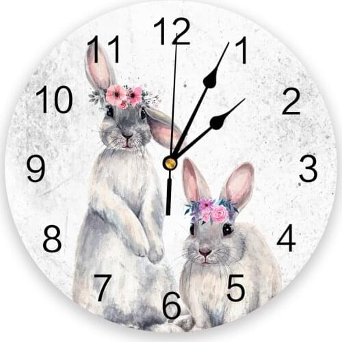 Cute Rabbit Watercolor Flower Animal Living Room Clock Wall Round Clocks Decor Home Bedroom Kitchen Decoration Wall Clocks