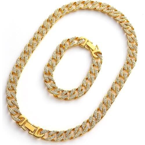 Hip Hop Men Gold Color Necklaces & Braclete Combo Set Ice Out Cuban Jewerly Crystal Miami Hip Hop Braclete Chain For Men