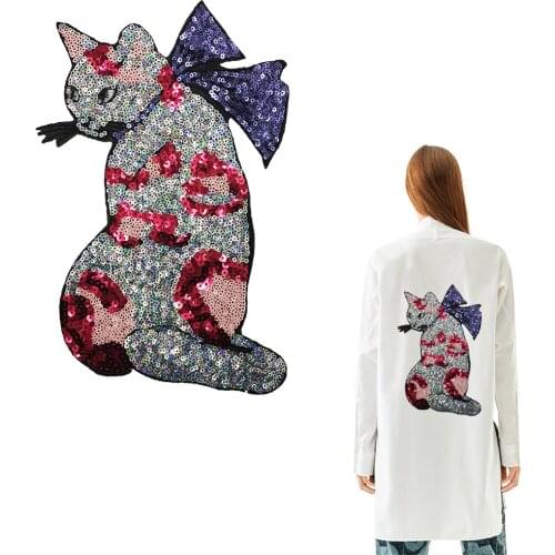 1Pcs Fashion Embroidery Large Sequin Cat Patches for Clothes Applique Jeans DIY Accessories Cute Jacket Iron-onClorhing Stickers