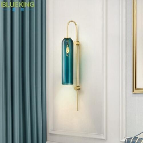 Nordic creative blue and white glass tube wall light living room bedroom hotel lobby copper color wall lamp WJ10