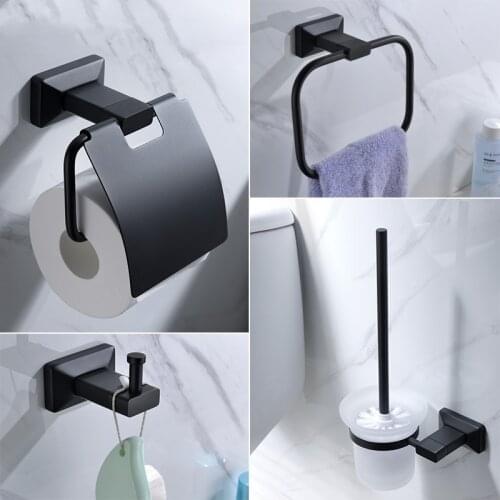 Newest Matte Black brass 4-Piece Bathroom Hardware Accessory Set paper holder towel ring Robe hook Toilet brush holder
