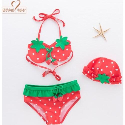 New Baby girls swimsuit infant toddler kids children fashion strawberry fruit swimwear hat+bra+brief spa Baby Bikini leopard