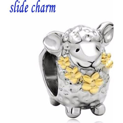 Slide charm Free shipping Childrens birthday gift sheep wearing gilded floral charm beads fit Pandora charm bracelets